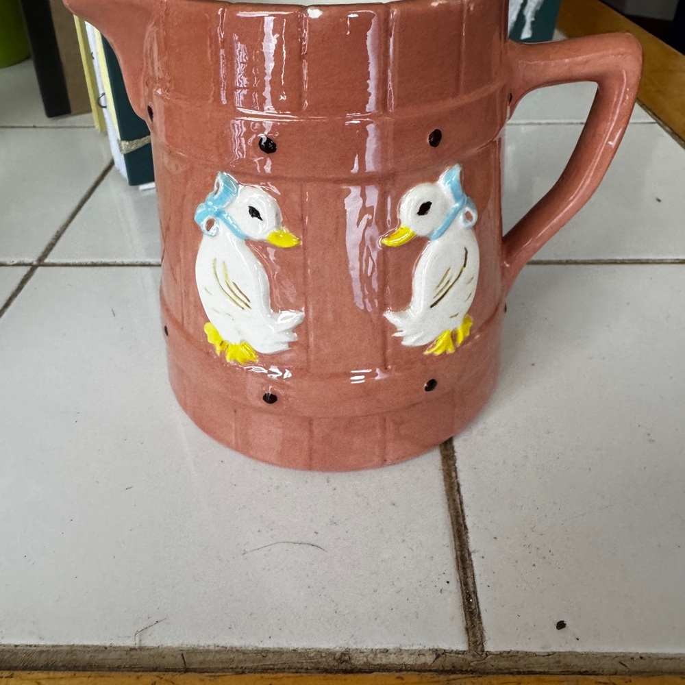 Vintage Pink hand painted ceramic pitcher with geese wearing blue bows 5x4 Rare